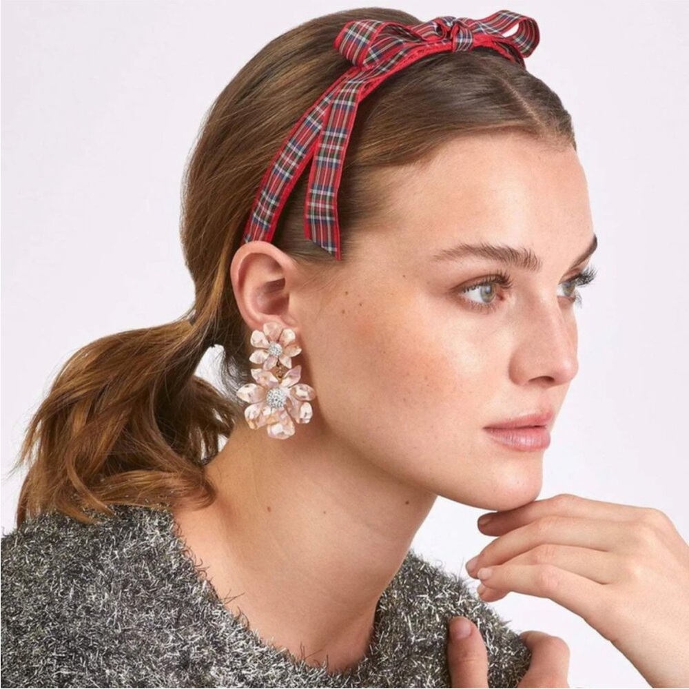 Lele Sadoughi Bardot Ribbon Bow Slim Red Green Thin Plaid Printed Headband  NEW
